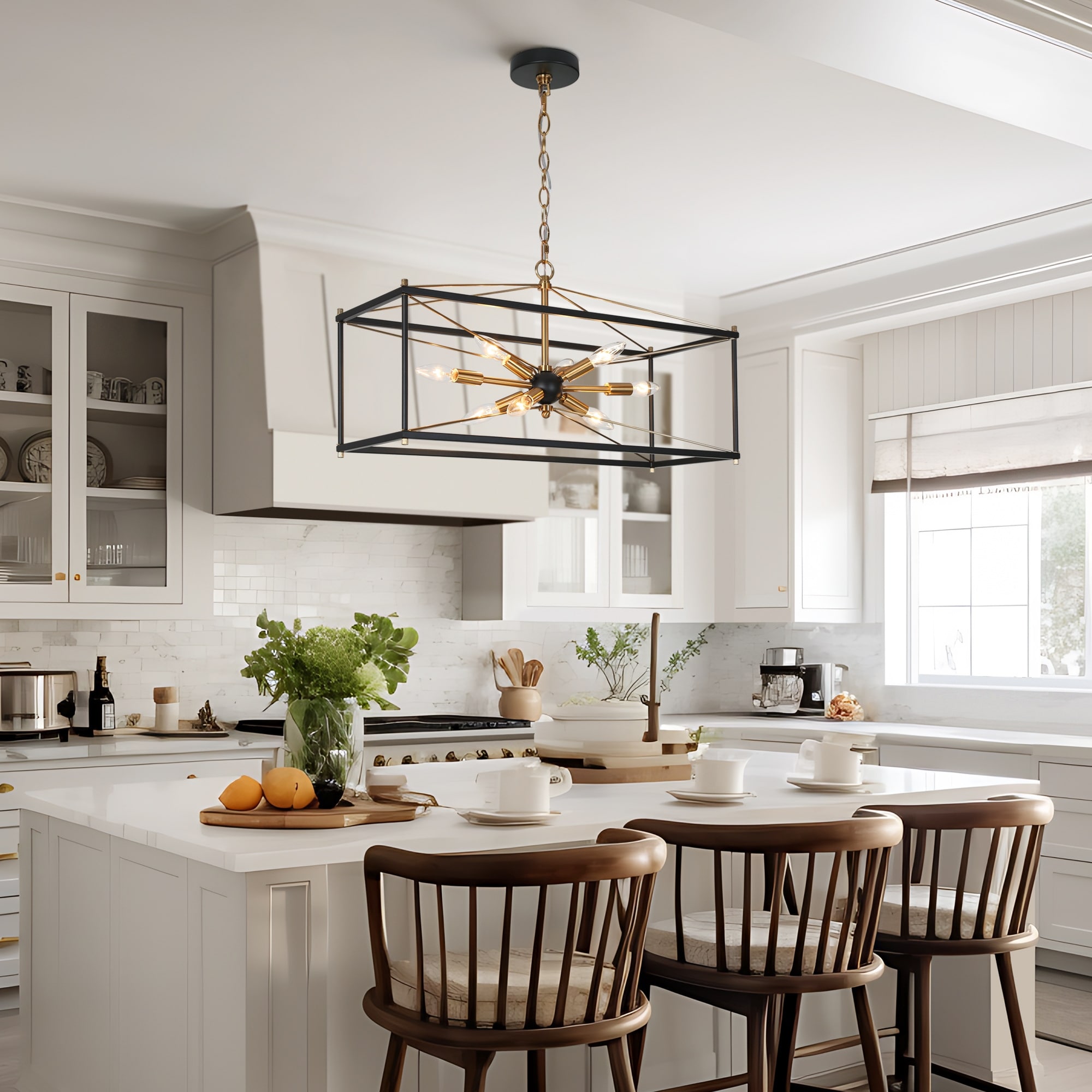 Leno Modern Farmhouse 8-Light Black Gold Rectangle