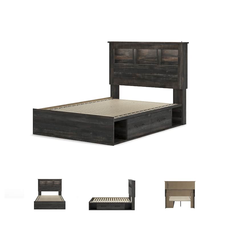 Drystan Rustic Brown Bookcase Bed with 2 Under Bed Storage Drawers