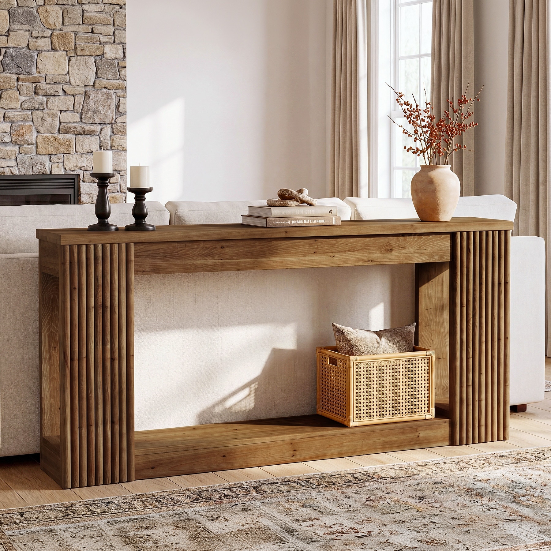 63" Solid Wood Console Table with Fluted Legs & Storage Shelf