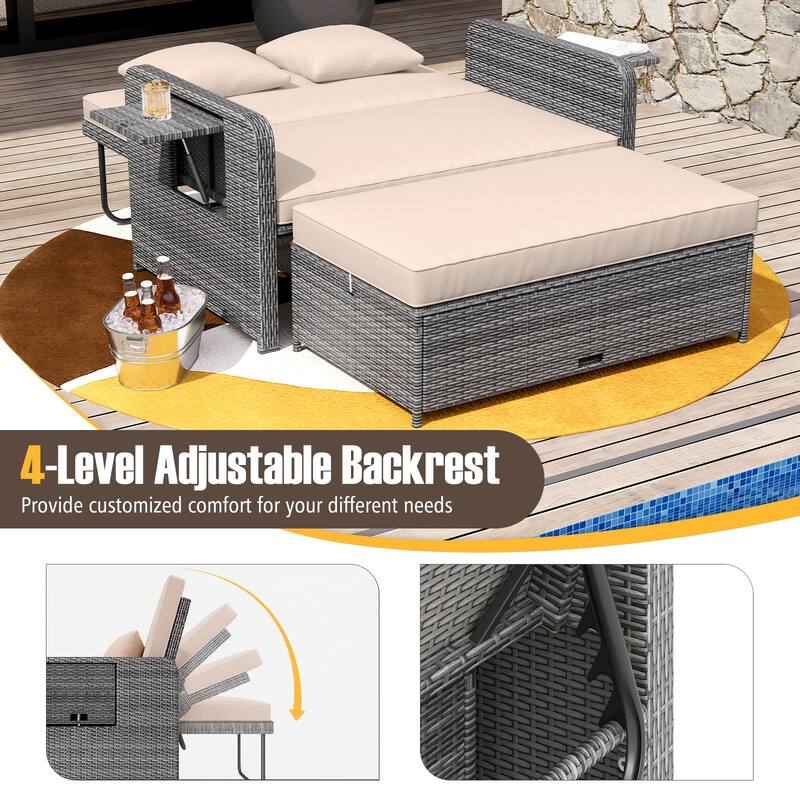 Gymax Rattan Daybed Wicker Loveseat Sofa Set w/ Ottoman & Retractable