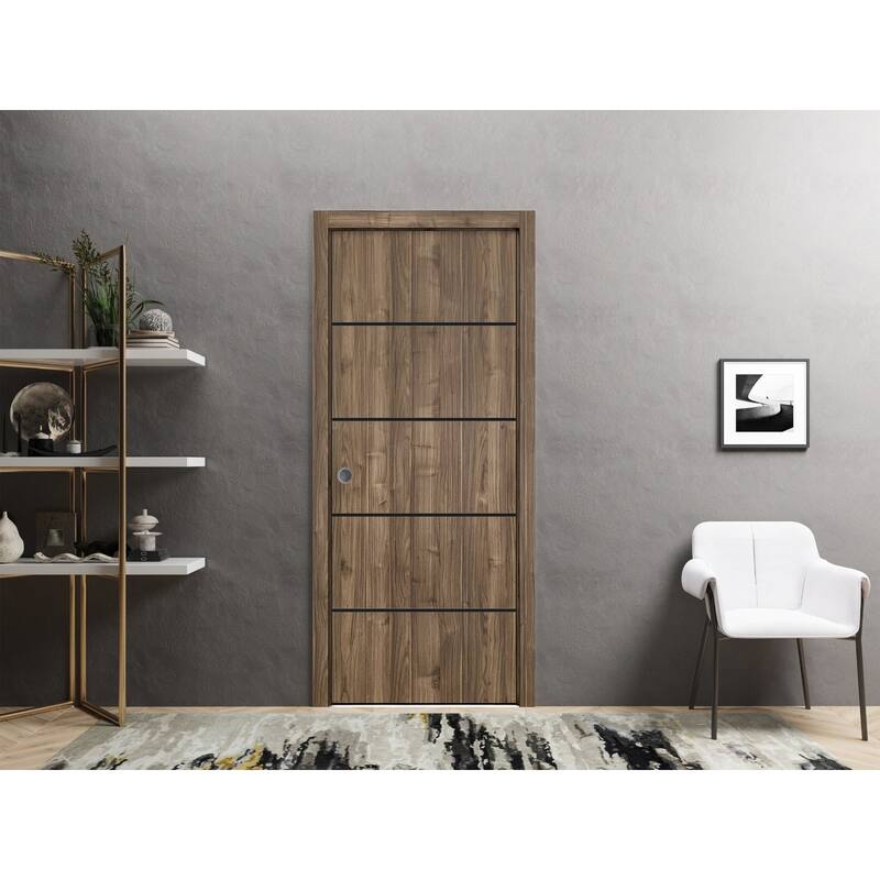 French Pocket Door 18 x 80 with Planum 0015 Walnut with Kit Trims Rail