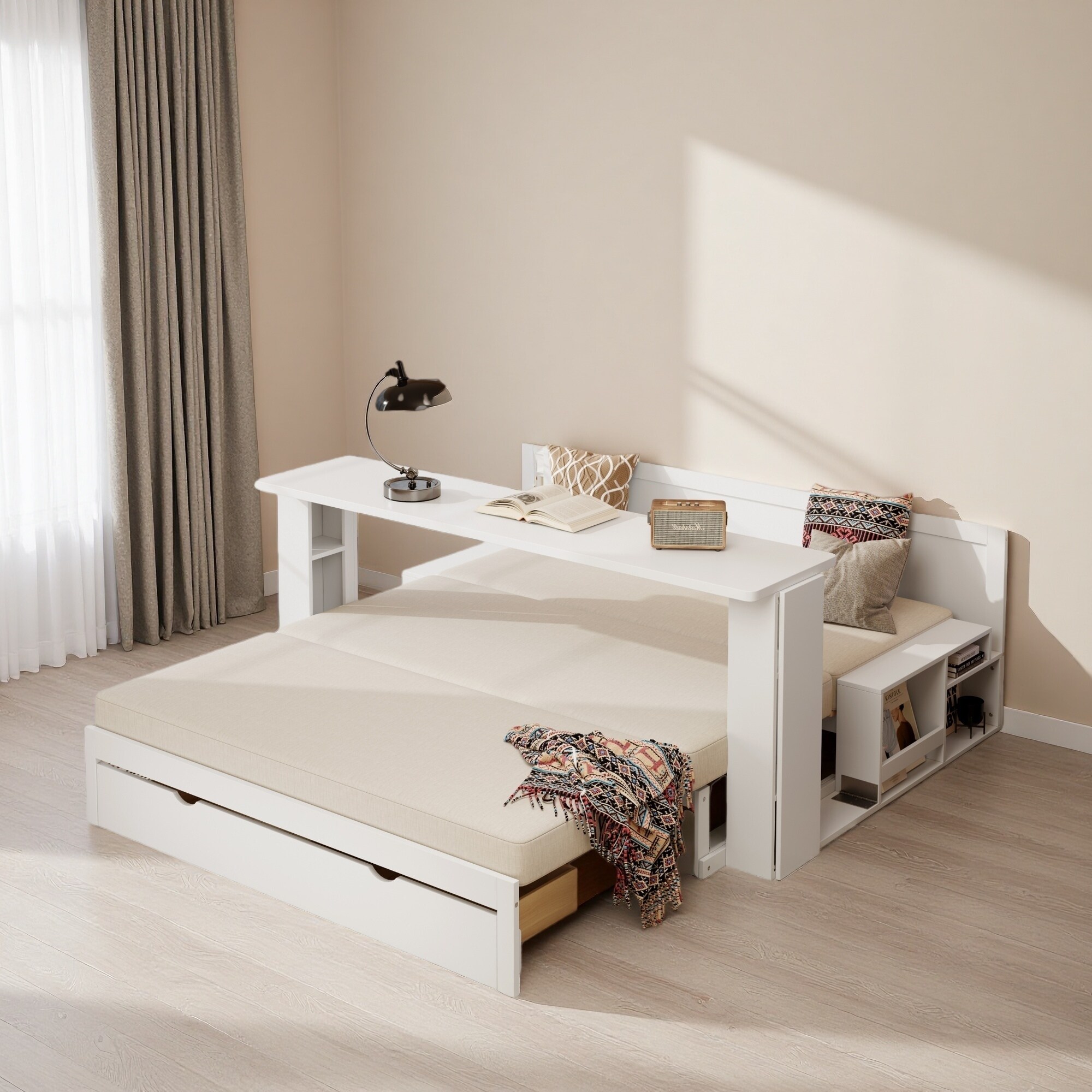 Queen Size Daybed with Removable Desk, Storage Drawers & Hydraulic Side Table, 4-in-1 Multifunctional Design