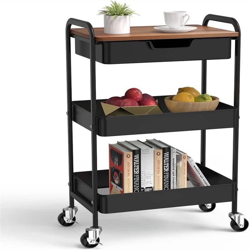 3 Tier Rolling Cart with Drawer - 12"D x 4"W x 17"H