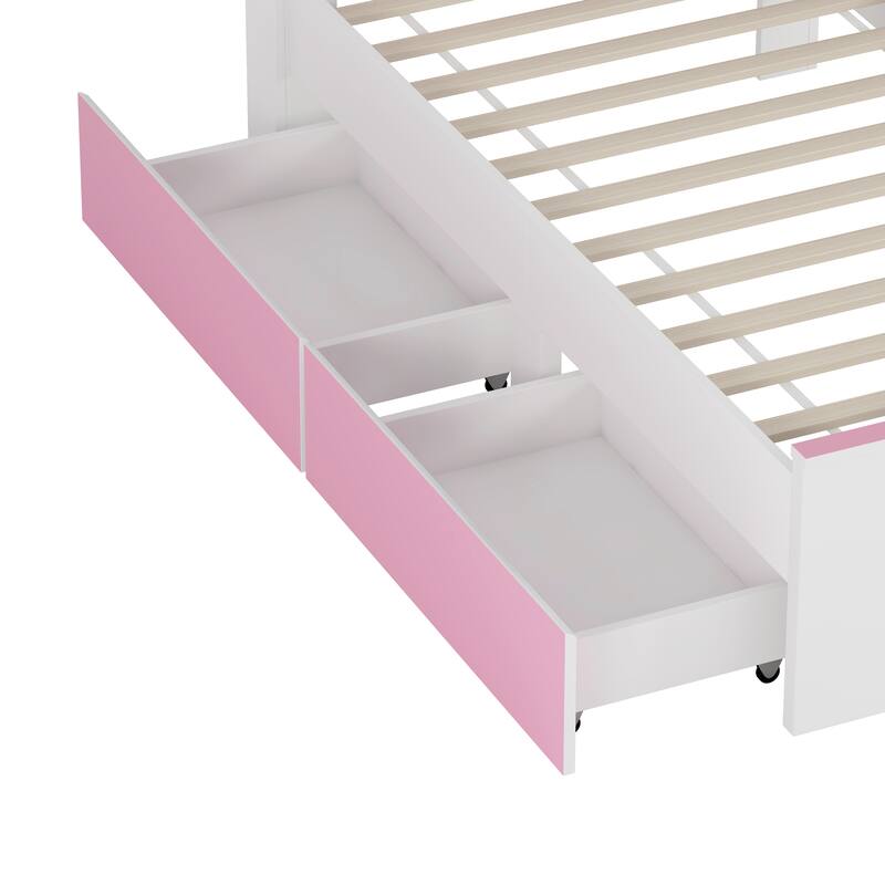 Twin Size House-Shaped Wooden Bed with Storage Shelf on the Headboard, Built-in Two Storage Drawers, Brown
