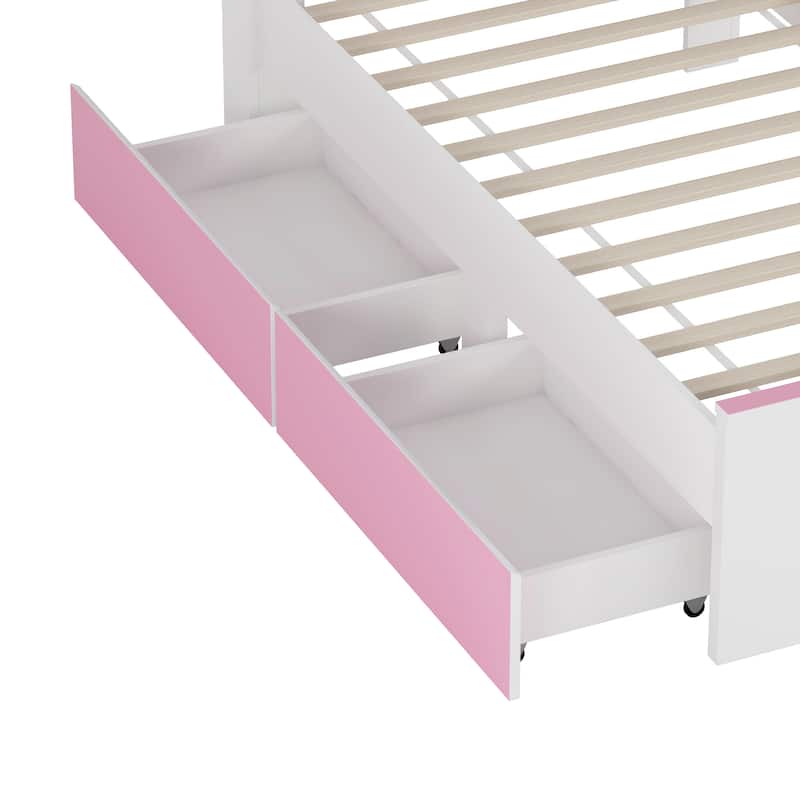 Twin Size Platform Bed with Two Drawers,Sturdy Wood Bed Frame with House Shaped Storage Headboard
