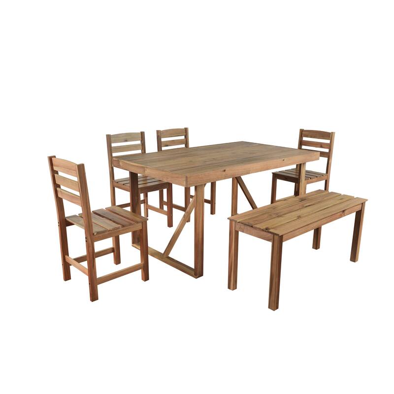 6 Piece Patio Furniture Set, Acacia Wood Outdoor Dining Table and Chairs Set with Rectangular Table, 4 Chairs and Bench