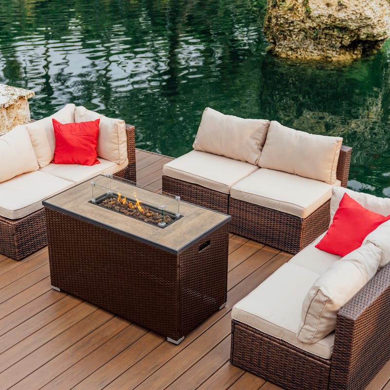 Empyrean Outdoor 43" Wicker Fire Pit Table with Glass Shield