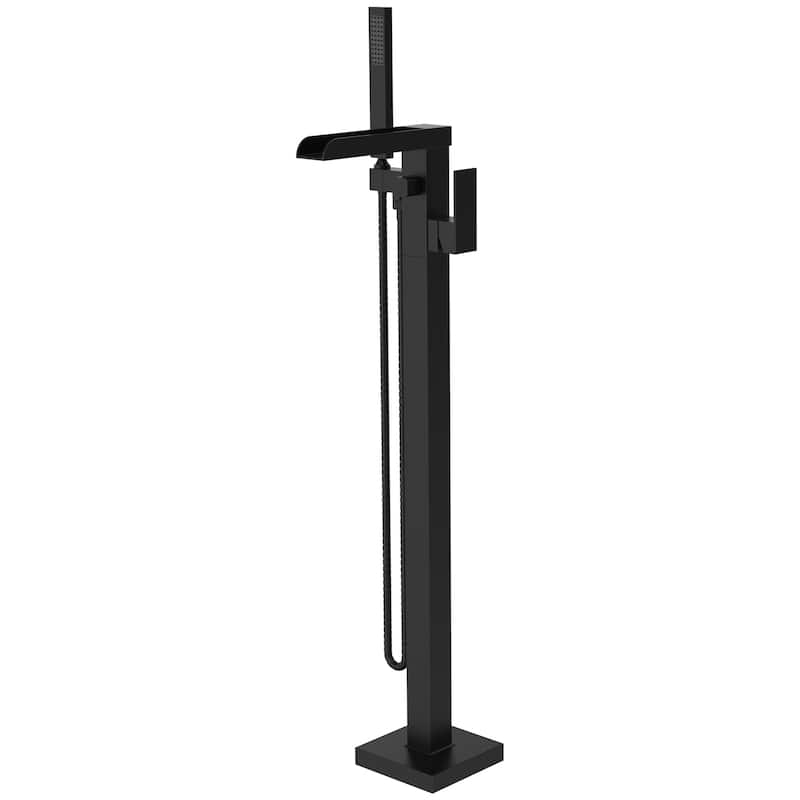 Thermostatic Freestanding Bathtub Faucet Waterfall Tub Filler Black Floor Mount Brass Bathroom Faucets with Hand Shower - Matt Black