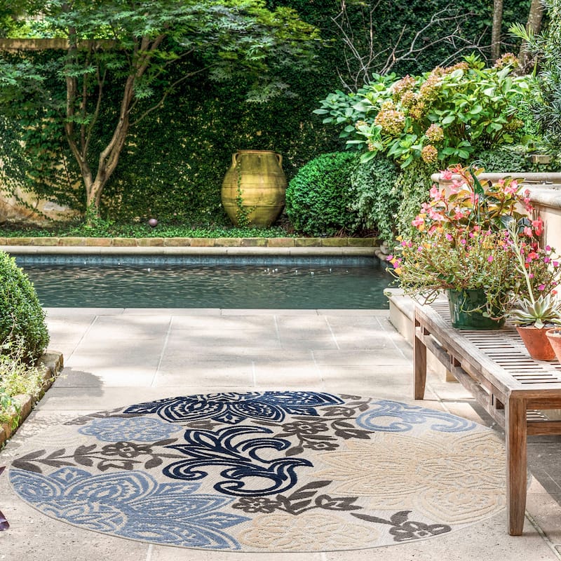 Origin Coastal Floral Indoor/Outdoor Area Rug - 5'3'' Round - Blue/Gray