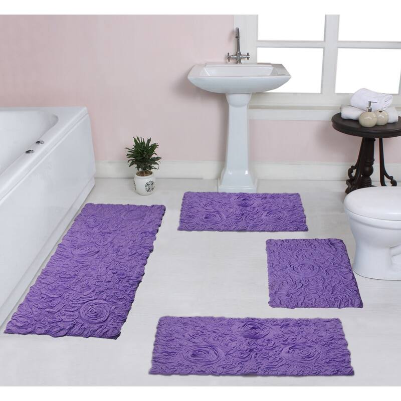 Home Weavers Modesto Collection 100% Cotton Bath Rug, Non-Slip Bath Rug, Extra Soft, Machine Wash, 4 Pcs Set with Runner - Purple - 17"x24", 21"x34", 24"x40", 21"x54"