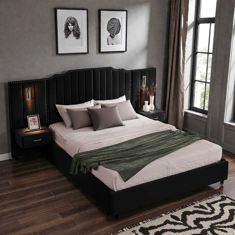 Modern Upholstered Bed Frame with Velvet Headboard, Vertical Channel Button Design, Integrated Nightstand, Platform Support