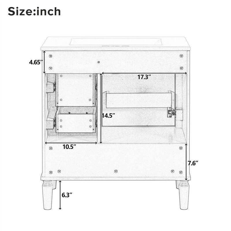 Traditional 30" Bathroom Vanity with Ceramic Sink, Freestanding Bathroom Vanity Cabinet with 3 Drawers and 1 Soft Close Door