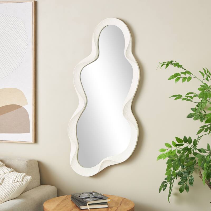 White or Black Wood Wavy Room Wall Mirror with Dimensional Frame - White