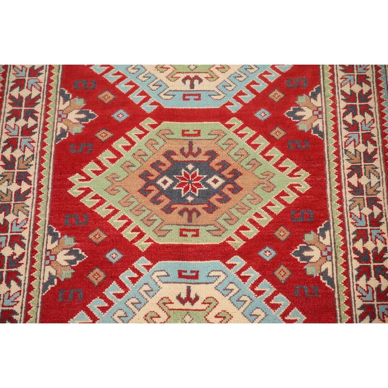 Geometric Red Kazak Rug Hand-Knotted Traditional Bedroom Wool Carpet - 3'4"x 4'10"