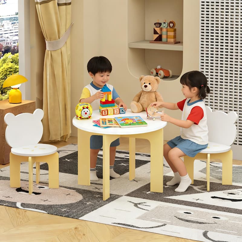 Kids Table and Chair Set, 3-Piece Toddler Table with 2 Chairs, Cute Bear-Back Chairs, Sturdy Wooden Activity Table Set