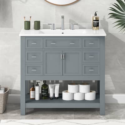 36'' Bathroom Vanity with Top Sink Bathroom Storage Cabinet with 6 Drawers and Open Storage Shelf and 2 Soft Closing Doors