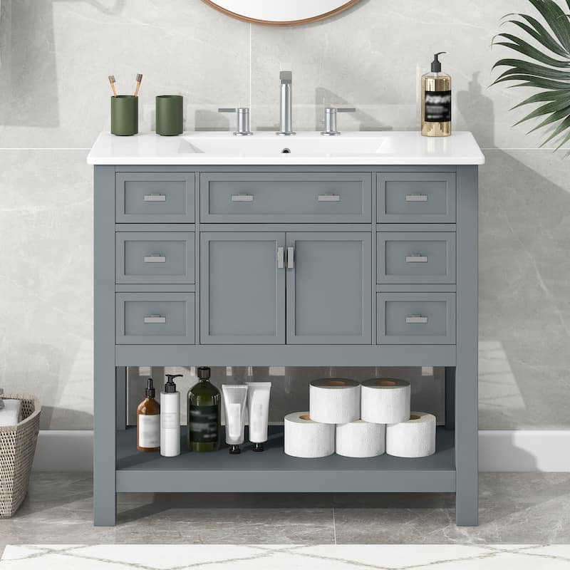 36''Bathroom Vanity With Top Sink,Storage Cabinet With 2 Soft Closing Doors And 6 Drawers,Single Sink Bathroom Vanity