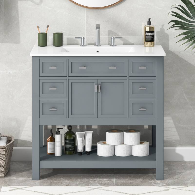 Single Sink Bathroom Vanity Storage Cabinet with 2 Soft Closing Doors, 6 Drawers, Open Shelf and Silver Metal Handles