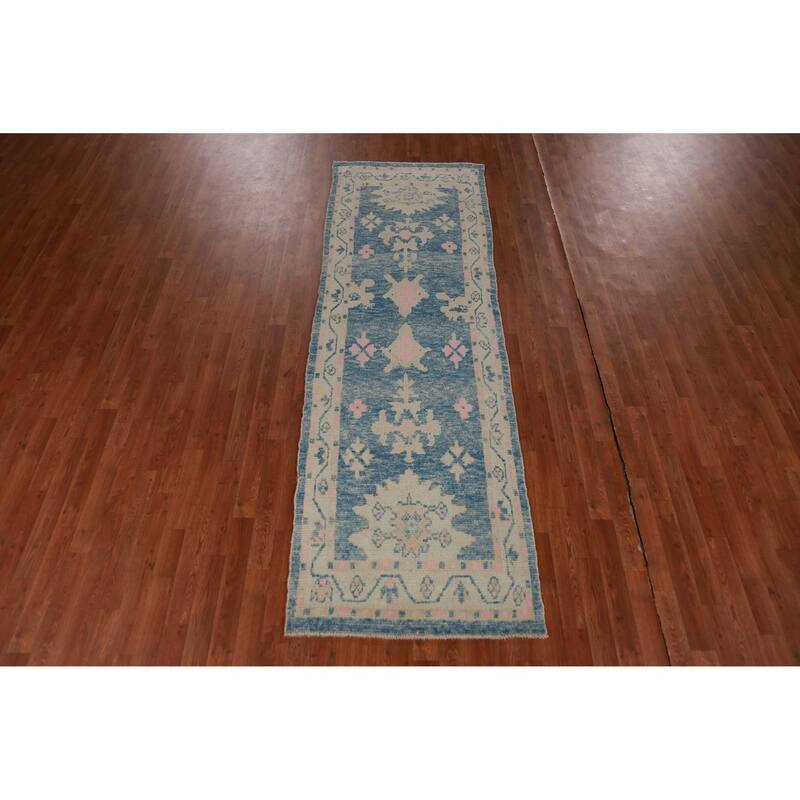 Hand Knotted Oriental 100% Wool Carpet Transitional Geometric Navy Blue & Blues Oushak Runner Rug - 9' 4'' X 3' 0''