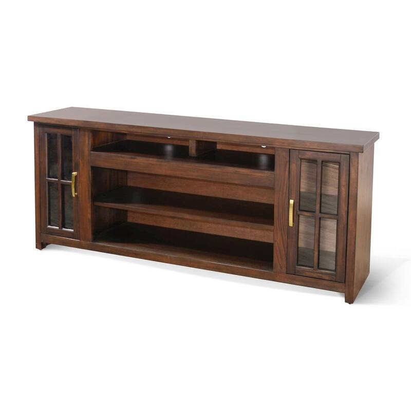 Leyla TV Stand Media Cabinet, 2 Glass Doors, Shelves, Brown Wood 76 Inch