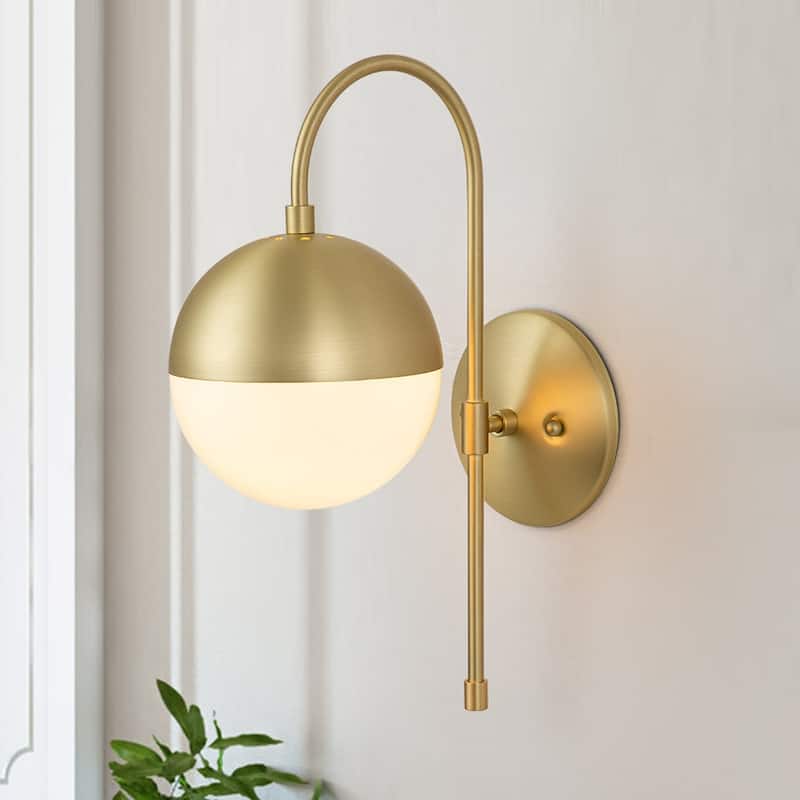 1-Light Modern Curved Arm Bedroom Wall Light With Opal Glass Globe - Brass