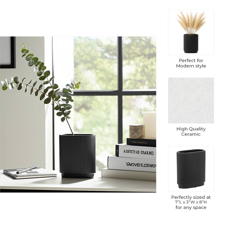 Ceramic Modern Ridged Decorative Vase - Black, 8"