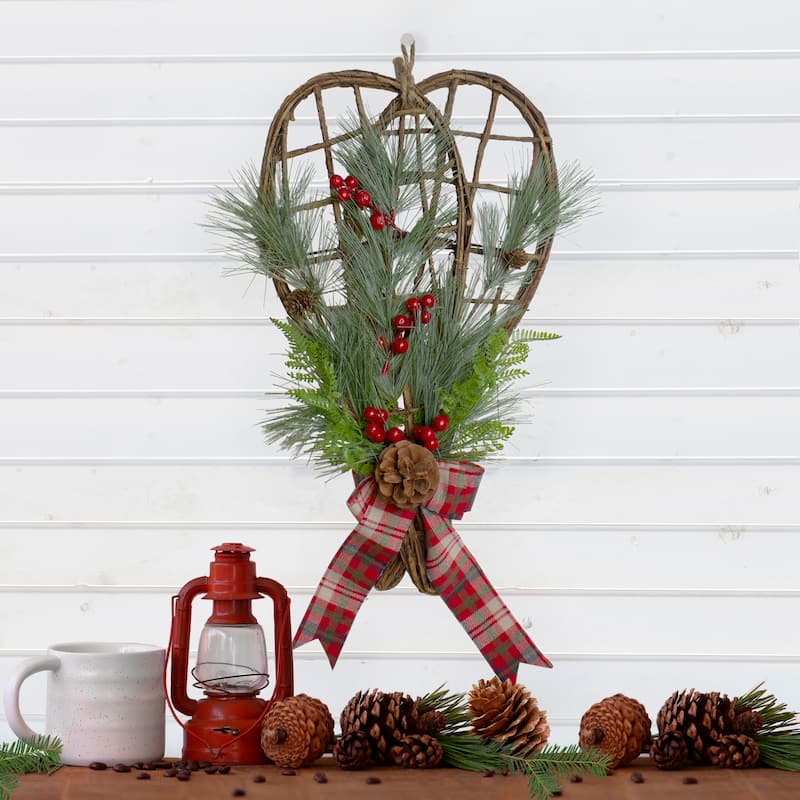 20" Red Green Cedar Berries Twig Snowshoes Christmas Wall Decor