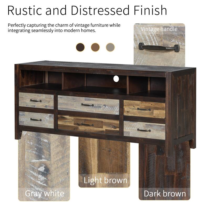 64" Distressed Wood TV Stand, 6 Drawer Storage & 3 Shelves, Cable Management - Farmhouse Style