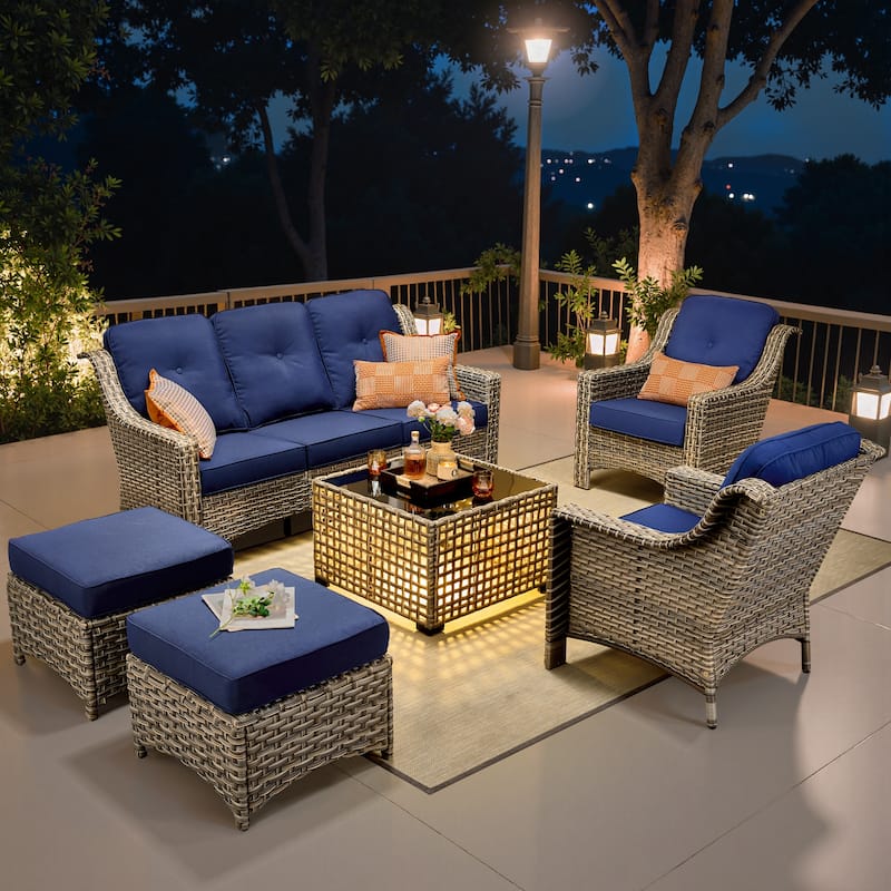 OVIOS 6 Pieces Outdoor Wicker Set With Solar-Powered Table - ​​Navy Blue​