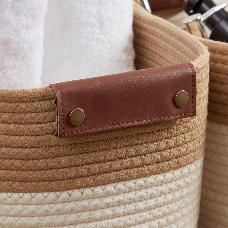 3 Pack Woven Cotton Rope Shelf Storage Basket with Leather Handles, Baby Nursery Storage Bin Organizers, Closet Shelf Storage