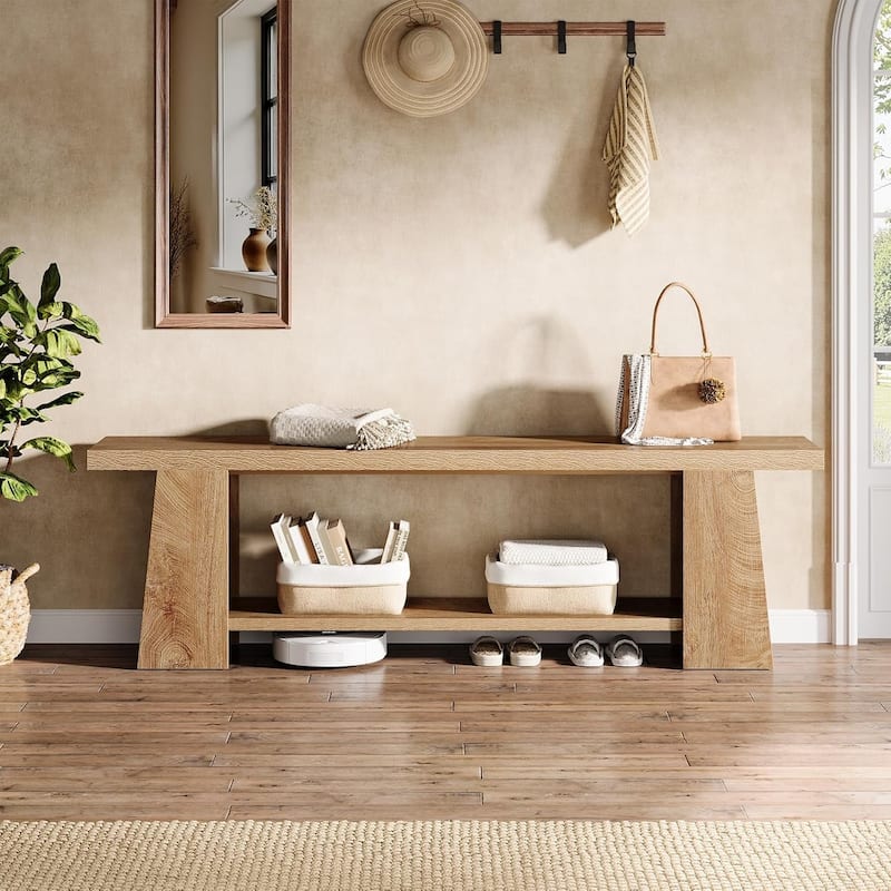 2-Tier Entryway Bench with Storage Shelves for Entryway, Bedroom, Living Room, Natural
