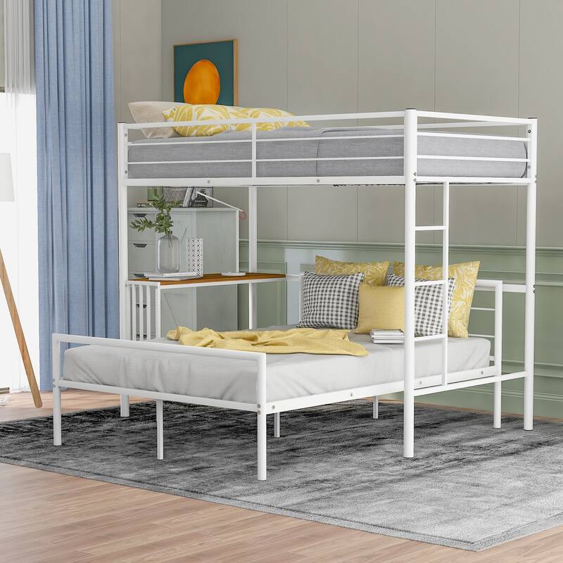 Nestfair Twin Over Full Metal Bunk Bed with Desk and Ladder - White