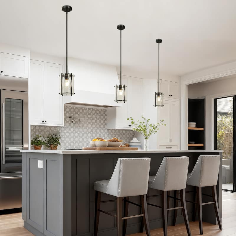 Modern Black 1-Light Pendant Light with Handmade Glass for Kitchen Island - Dia. 6.7" x H 9.1"