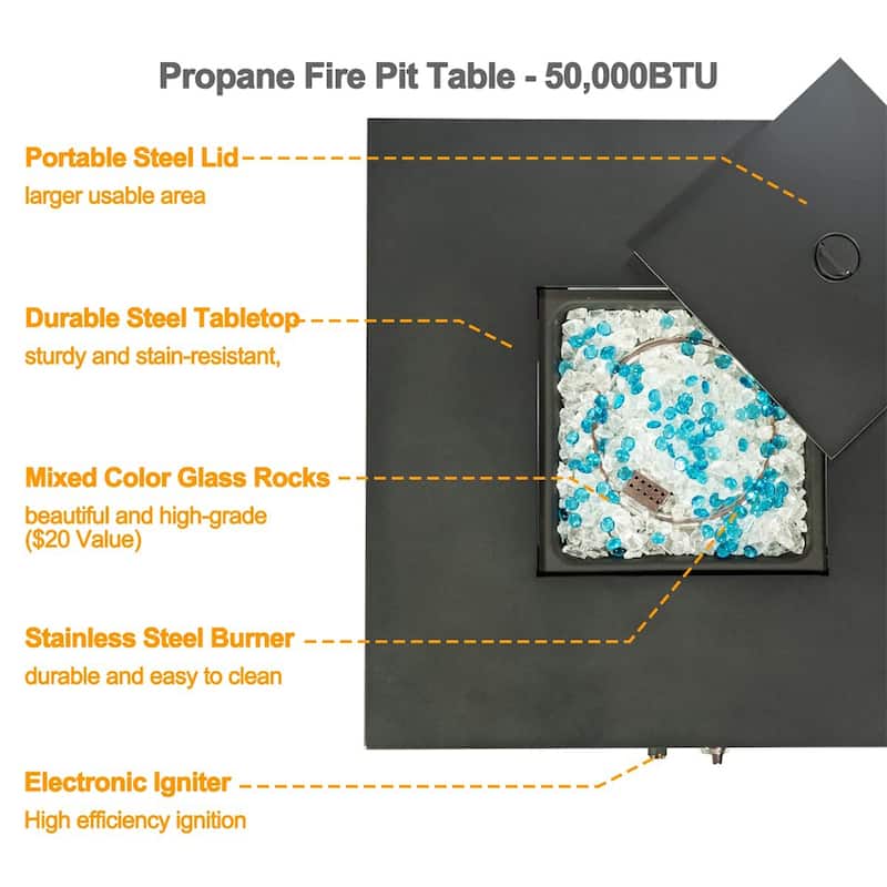 32'' Propane Fire Pit Table, Steel Tabletop, Glass Rocks&Lid&Cover - 32" - 32”