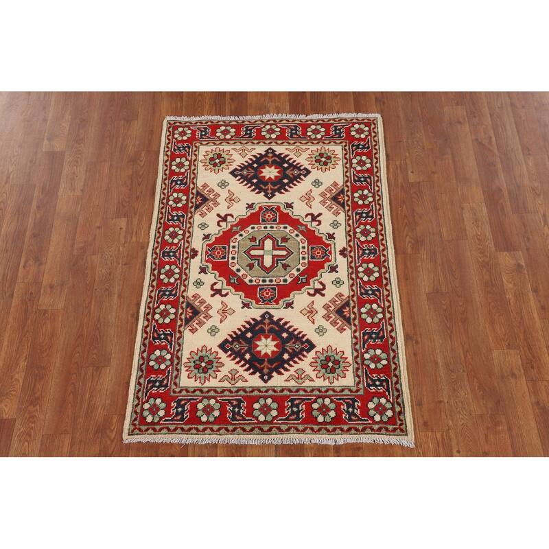 Geometric Kazak Oriental Accent Rug Handmade Beige Foyer Wool Carpet - 2'8" x 4'0"