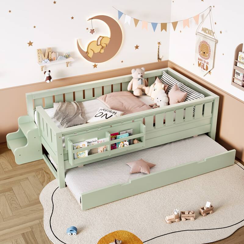 Full/Twin Loft Bed with Bookshelves, Safety Stairs & Trundle