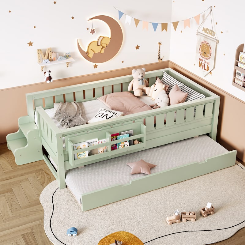 Montessori Toddler Bed with Fence, Low Profile Platform Bed for Kids with Trundle, Built-in Bookshelf and Small Staircase - Avocado Green - Twin