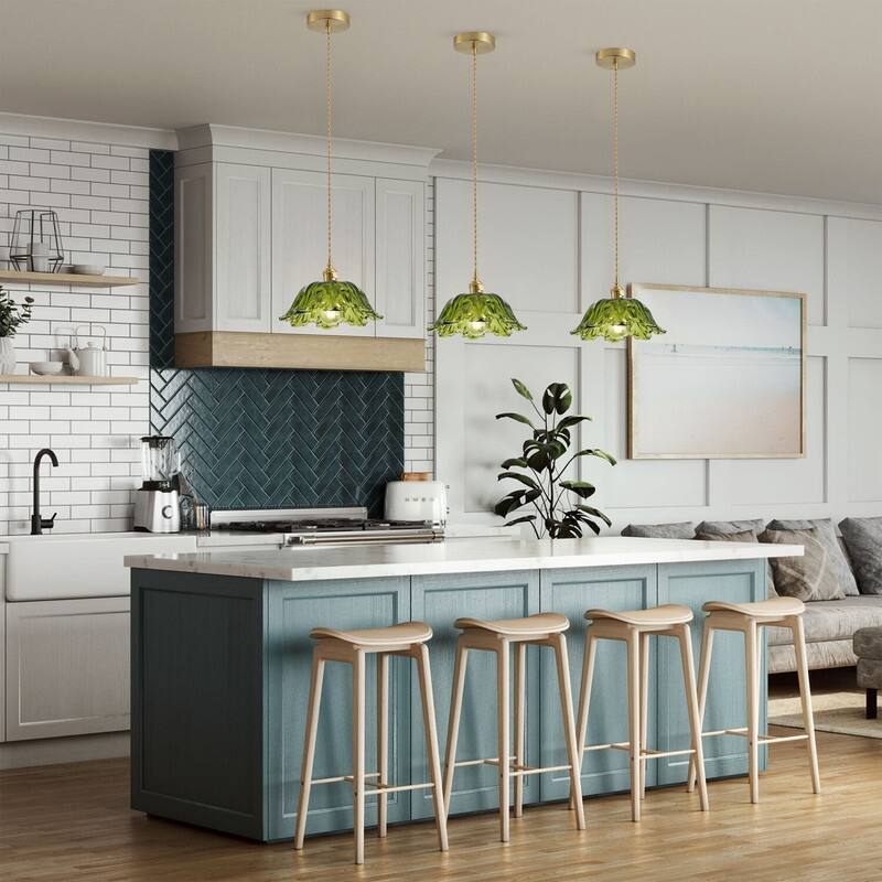 Modern 1- Light Pendant Light Green Tinted Glass Shade with Electroplated Brass Finish