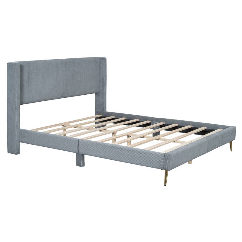 Queen Size Corduroy Platform Bed with Metal Legs, Gray