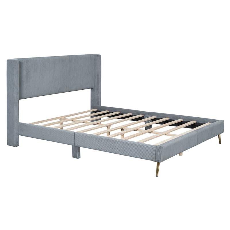 Queen Size Corduroy Platform Bed with Tufted Headboard