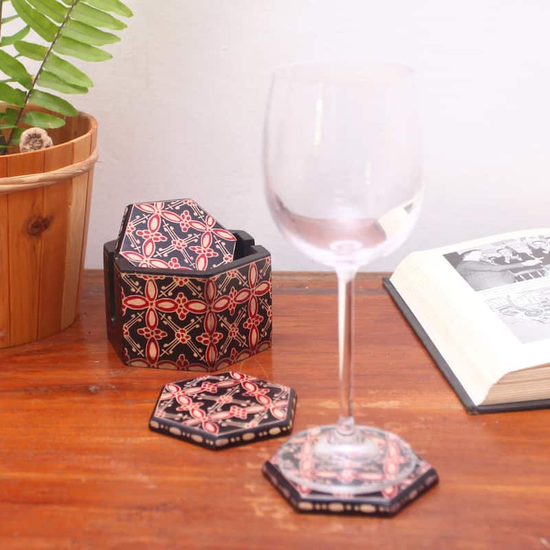 Novica Handmade Hexagon Batik Batik Wood Coasters (Set Of 6)