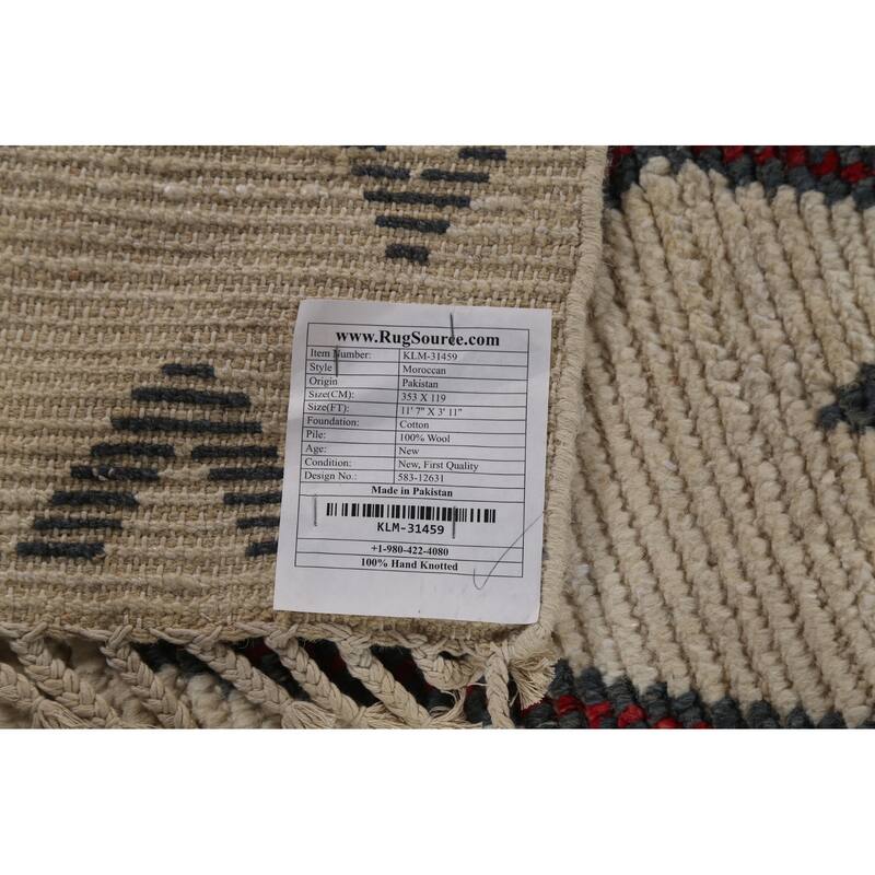 Modern Geometric Moroccan Runner Rug Hand-Knotted Wool Carpet - 3'11"x 11'7"