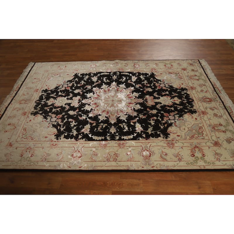 Hand Knotted Oriental Wool & Silk Carpet Traditional Floral Black Tabriz Area Rug - 7' 1'' X 4' 10''
