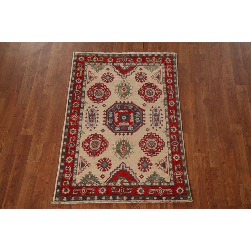 Kazak Accent Rug Hand-Knotted Geometric Beige Wool Carpet - 2'9" x 4'1"