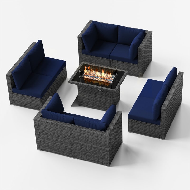 9-Piece Outdoor Wicker Patio Sectional Conversation Set with Fire Pit