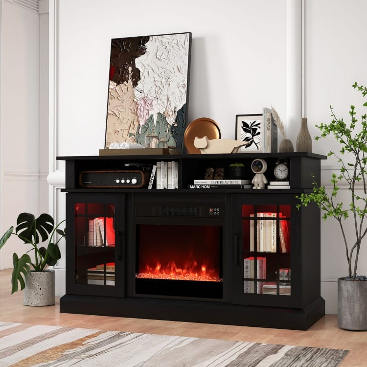 MDF Fireplace TV Stand with RGB LED, Remote and Storage - 48" L x 16" W x 29" H