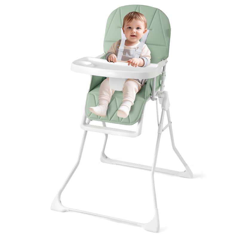 3-in-1 Foldable Baby High Chair with Tray and Footrest Adjustable Footrest Lightweight Waterproof PU Cushion - Green