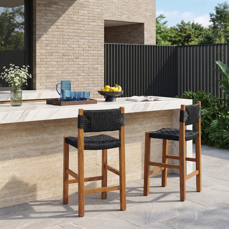 Christopher Knight Home - Modern Acacia Wood Outdoor Bar Stools with Teak Finish and Wicker Back Patio Chairs - Setof2_Tight Weave Back_Black