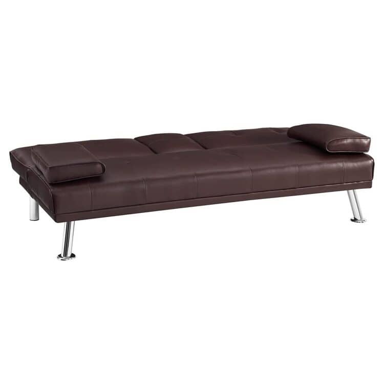 Futon Sofa Bed Couch with Armrest & Cupholders, Faux Leather Sofa Bed Couch Convertible Folding Reclining Small Couch