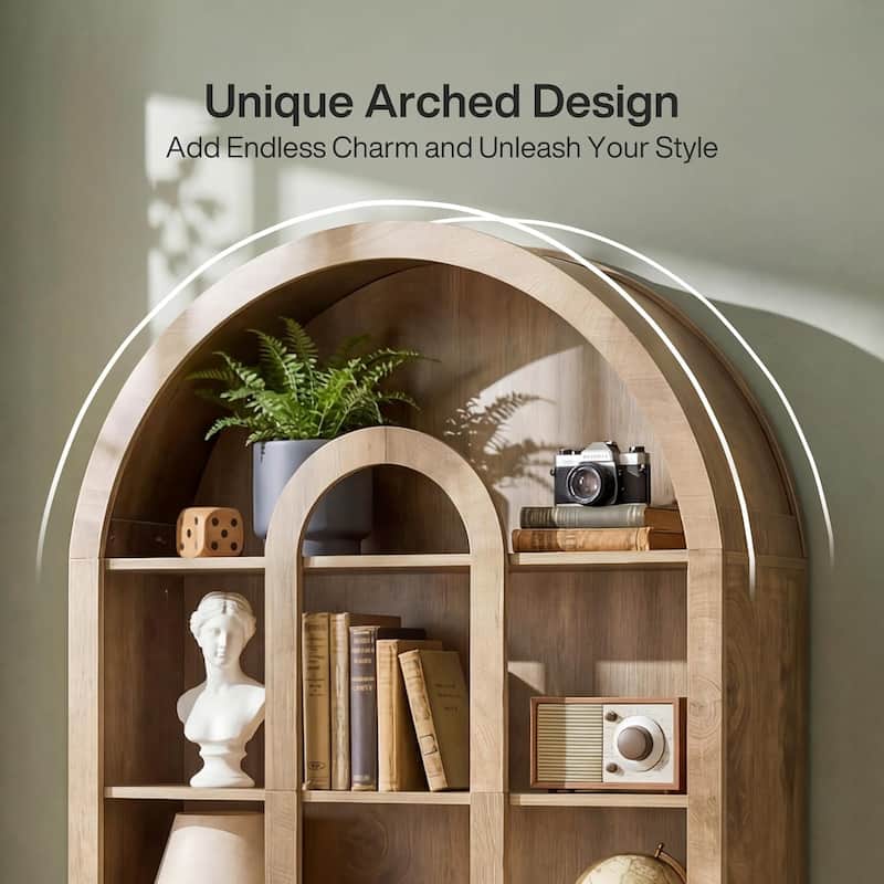 71-Inch Tall Arched Bookshelf with Open Shelves for Living Room, Office, Bedroom